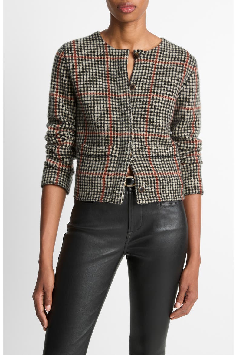 Intarsia Glen Plaid Wool & Cashmere Cardigan, Main, color, COBBLESTONE/ BLACK