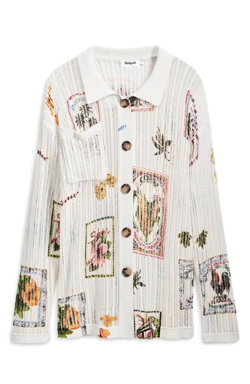 Desigual Garden Print Open Stitch Cardigan In Light Beige