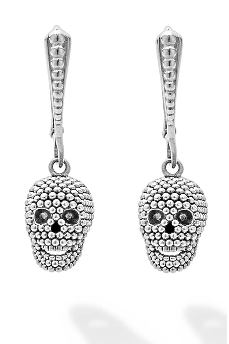 Men's Caviar Bead Skull Earrings, Main, color, STERLING SILVER