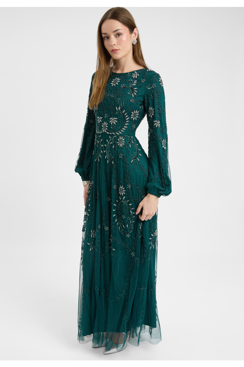 Modest Embellished Sequin Beaded Dress Maxi With A Line Bottom And Sleeve Design, Alternate, color, EMERALD GREEN