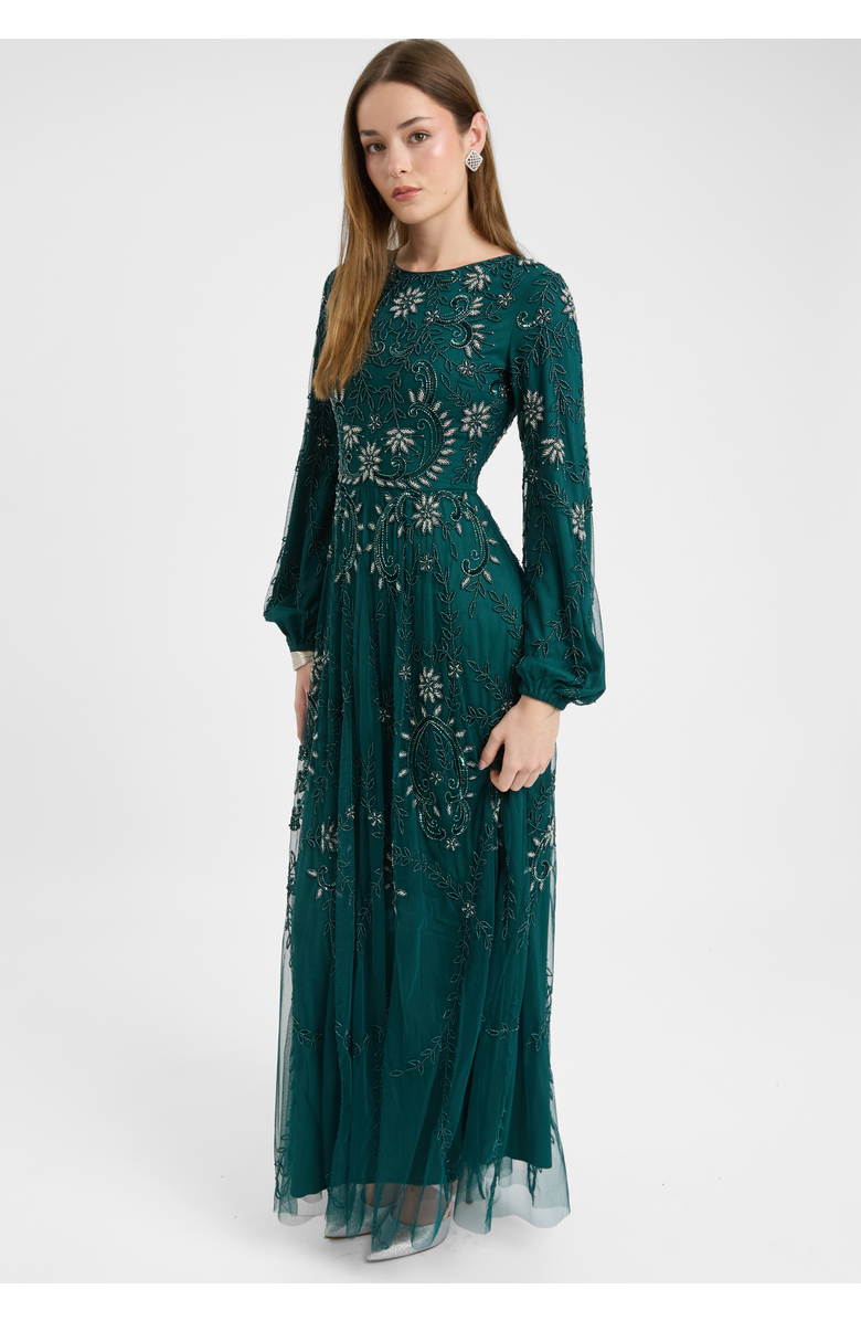 MARYISA Modest Embellished Sequin Beaded Dress Maxi With A Line Bottom And Sleeve Design, Alternate, color, Emerald Green