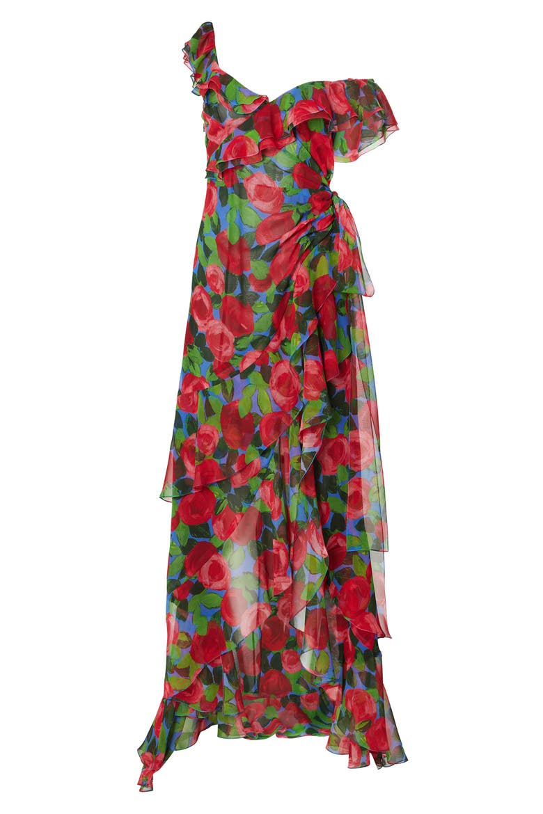 Rose Print Ruffle One Shoulder Silk Gown, Alternate, color, RED MULTI COLOR