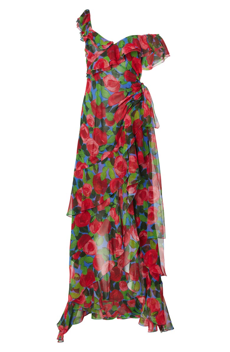 Carolina Herrera Rose Print Ruffle One Shoulder Silk Gown, Alternate, color,