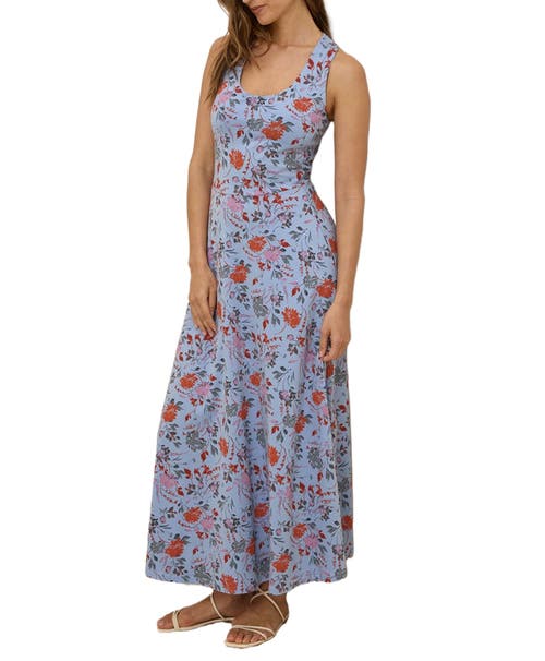 Pact Organic Cotton Fit & Flare Open Back Maxi Dress In Blue