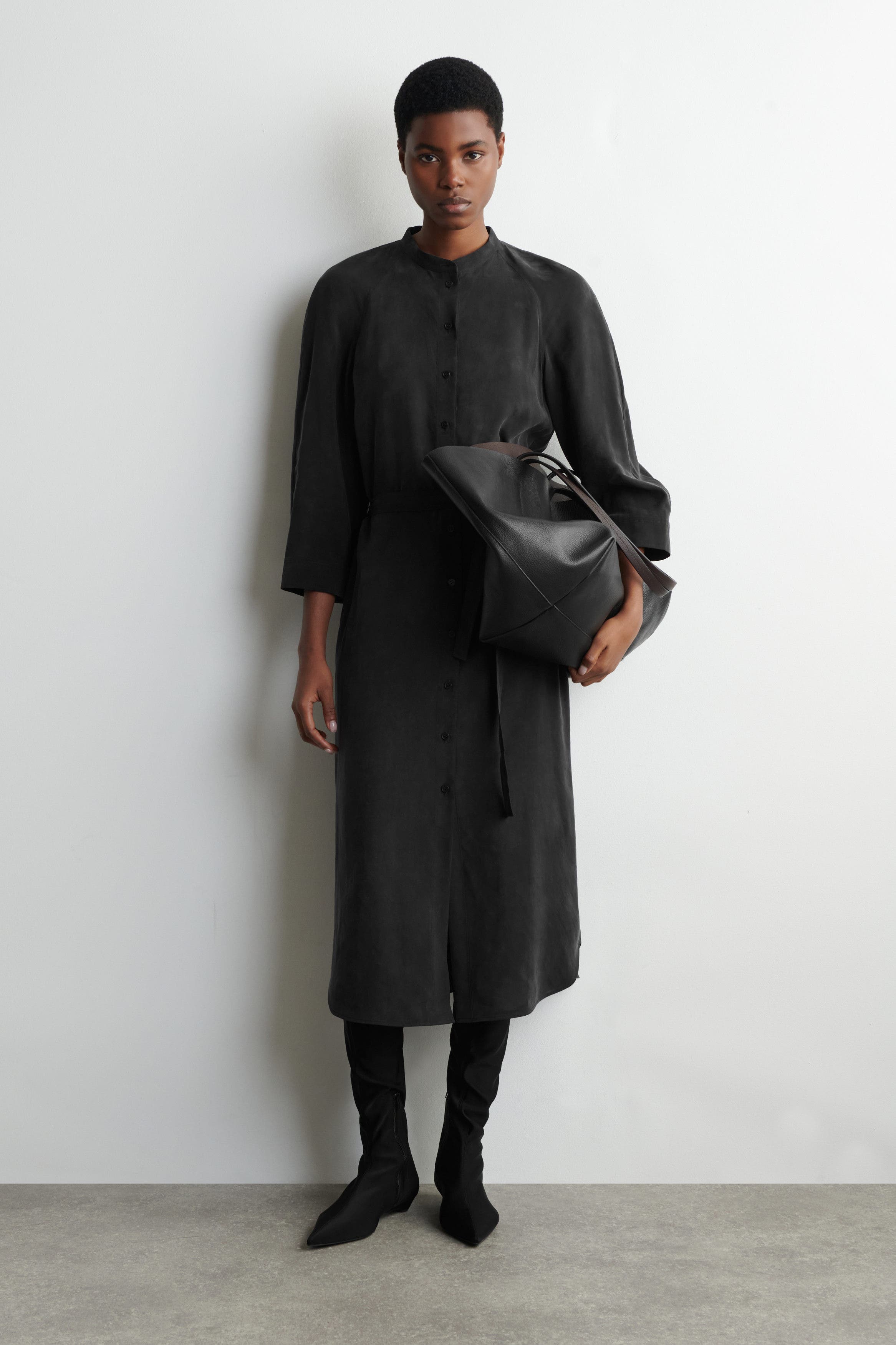 Belted Collarless Midi Shirt Dress - image 2