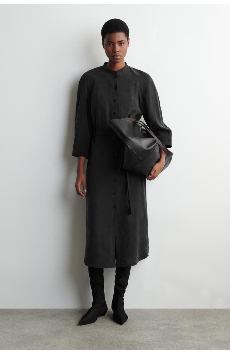 COS Belted Collarless Midi Shirt Dress, Alternate, color, Black
