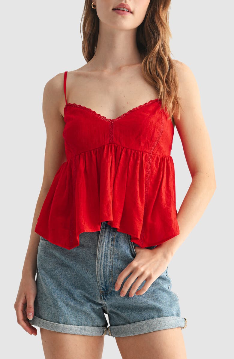 All in Favor Lace Detail Handkerchief Hem Camisole, Main, color, Red