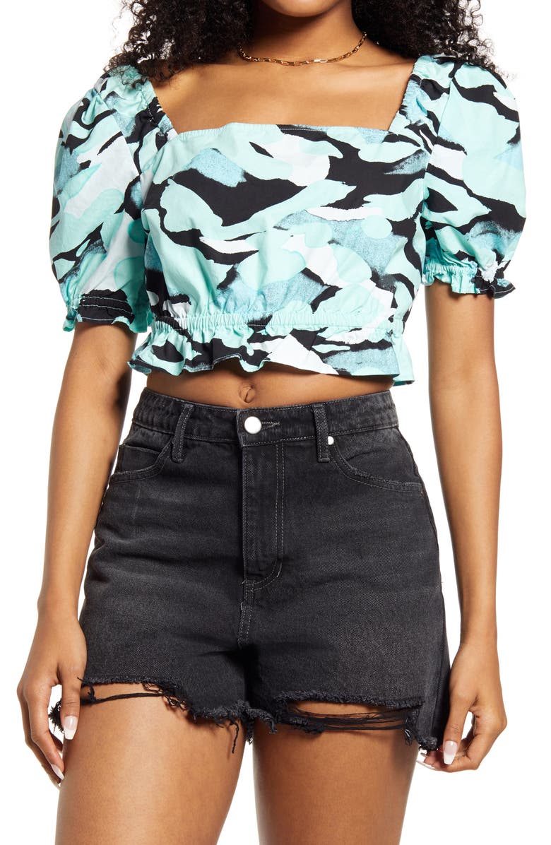 BP. Print Square Neck Ruffle Crop Top, Main, color, 