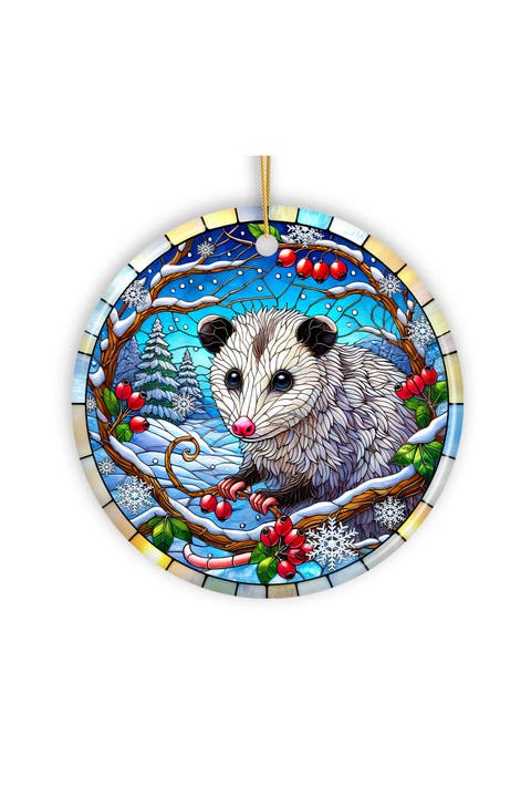 Frosty Possum Berry Branch Stained Glass Style Ornament