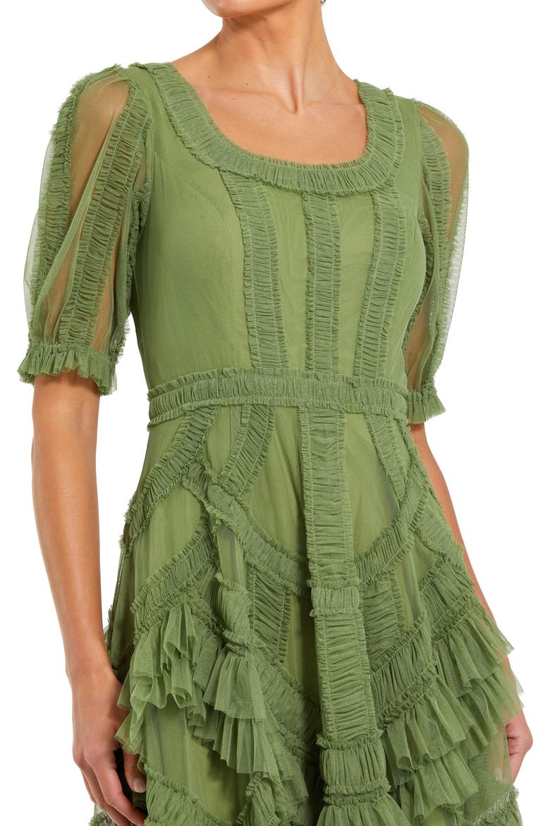 Petite Short Sleeve Mesh Mirco Ruffle Midi Dress, Alternate, color, Moss Green