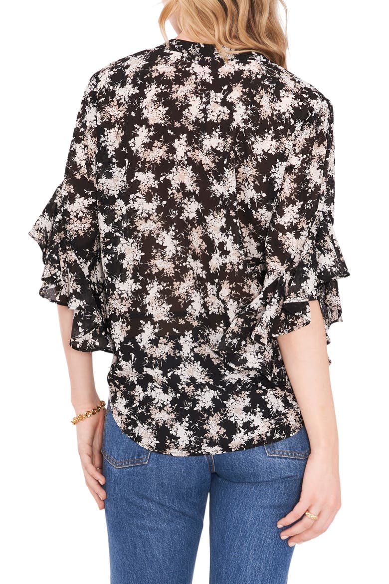 Ruffle Sleeve Split Neck Blouse, Alternate, color, RICH BLACK