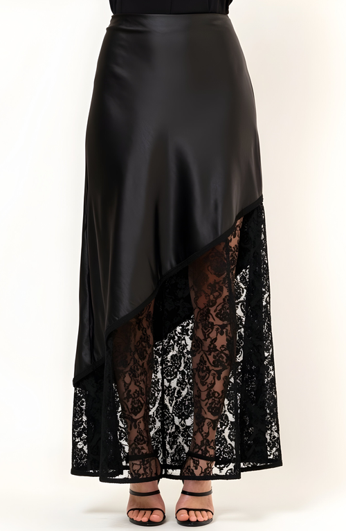 Modenaire Asymmetrical Satin Midi Skirt With Sheer Lace Hem And Fitted Waist In Black