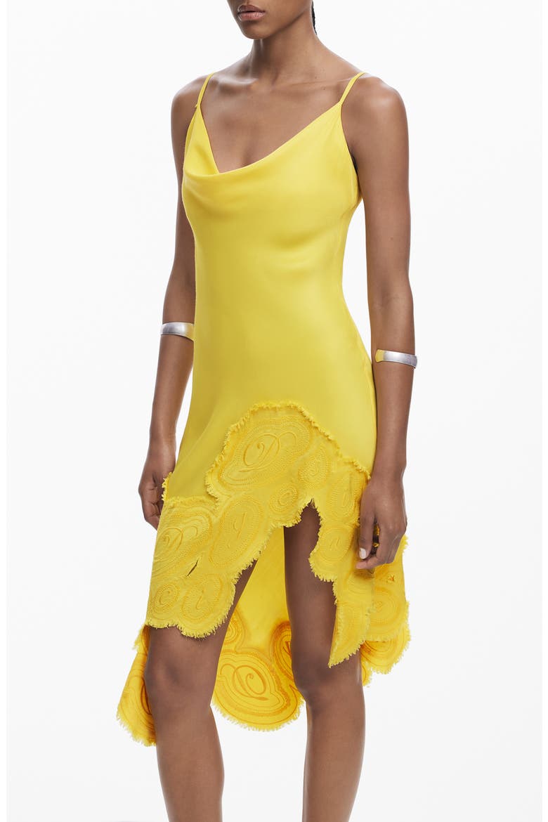 Embroidered Asymmetric Hem Satin Slipdress, Alternate, color, YELLOW