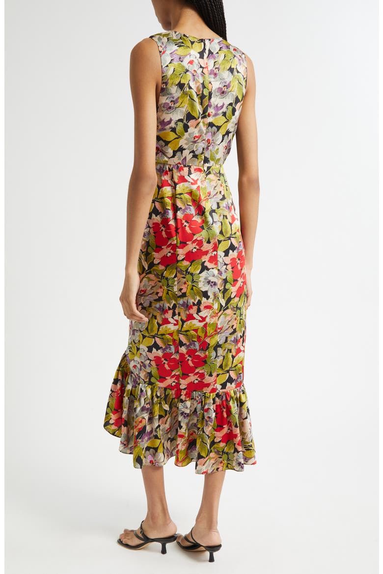 Canyon Bloom Elvira Ruffle Sleeveless Silk Midi Dress, Alternate, color, BLACK MULTI