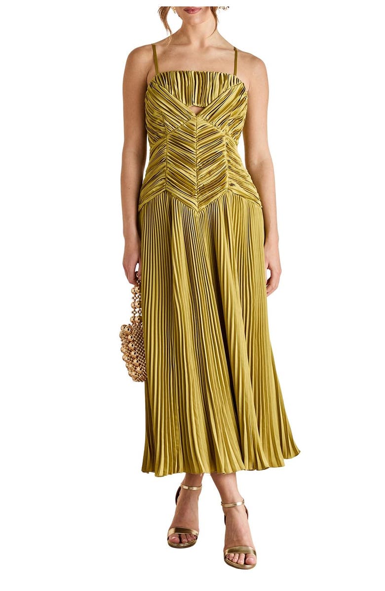 Coast Pleated Peplum Strappy Satin Dress, Alternate, color, Olive