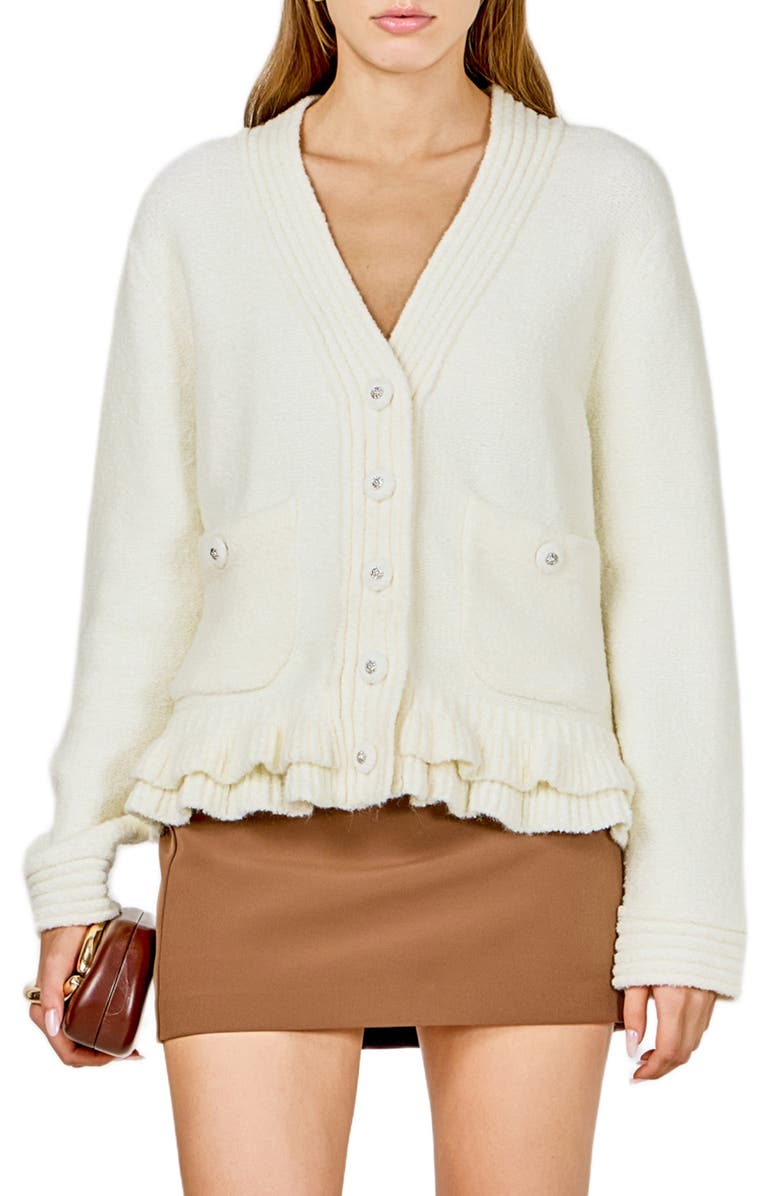 Endless Rose Fuzzy Ruffle Cardigan, Main, color, Cream