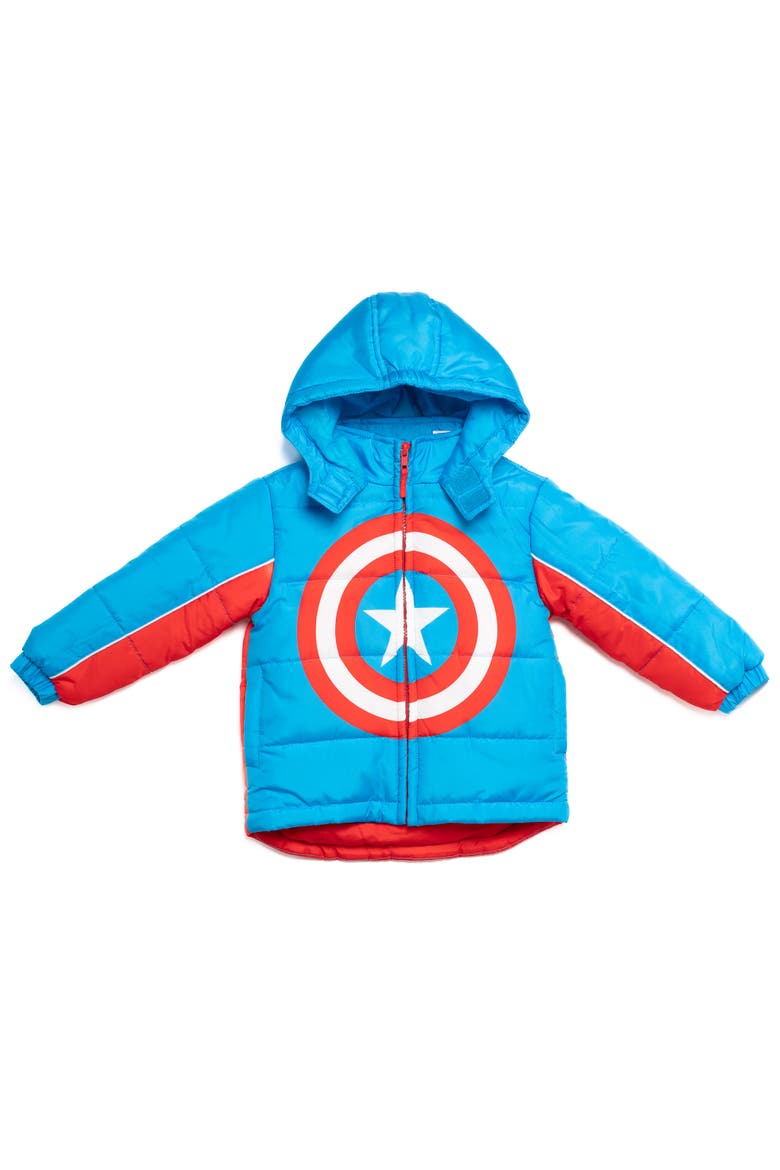 Avengers Hooded Zip-Up Puffer Jacket, Alternate, color, Blue Red Cap America