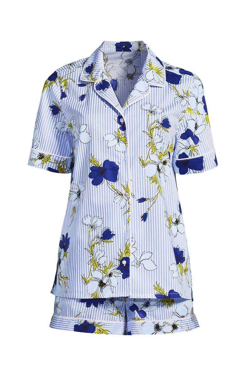 Lands' End Poplin 2 Piece Pajama Set - Short Sleeve Shirt and Shorts, Alternate, color, Light Sea Blue Striped Floral