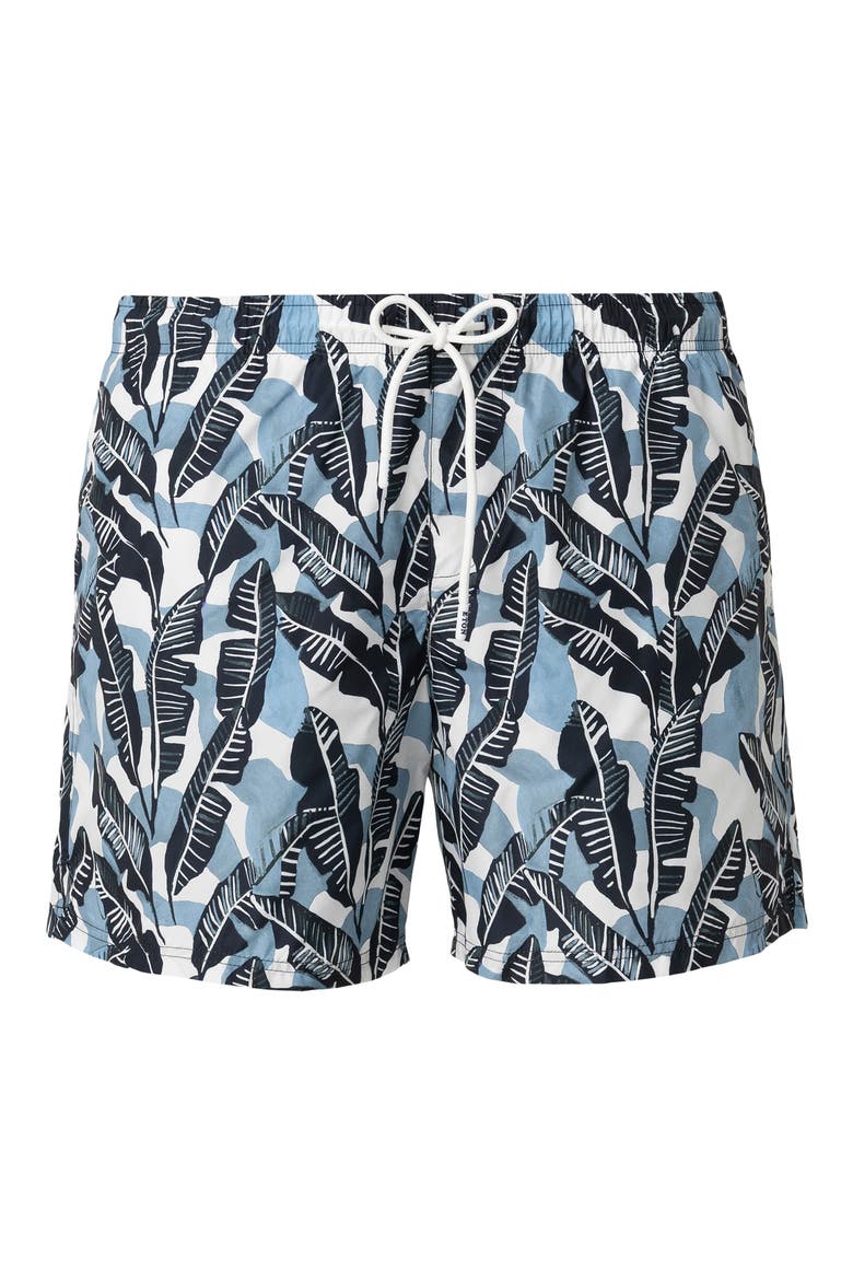 Tropical Leaf Print Swim Trunks, Alternate, color, BLACK