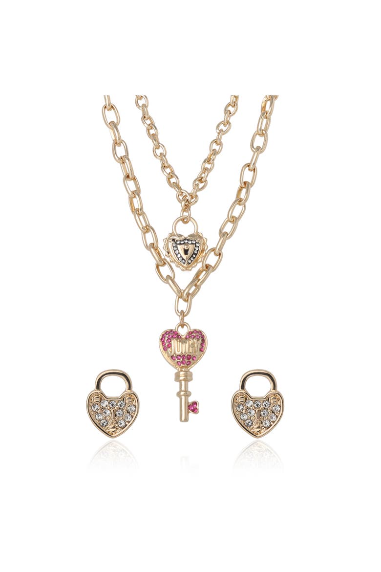 Key Charm Layered Necklace and Lock Earring Set, Main, color, Gold Tone