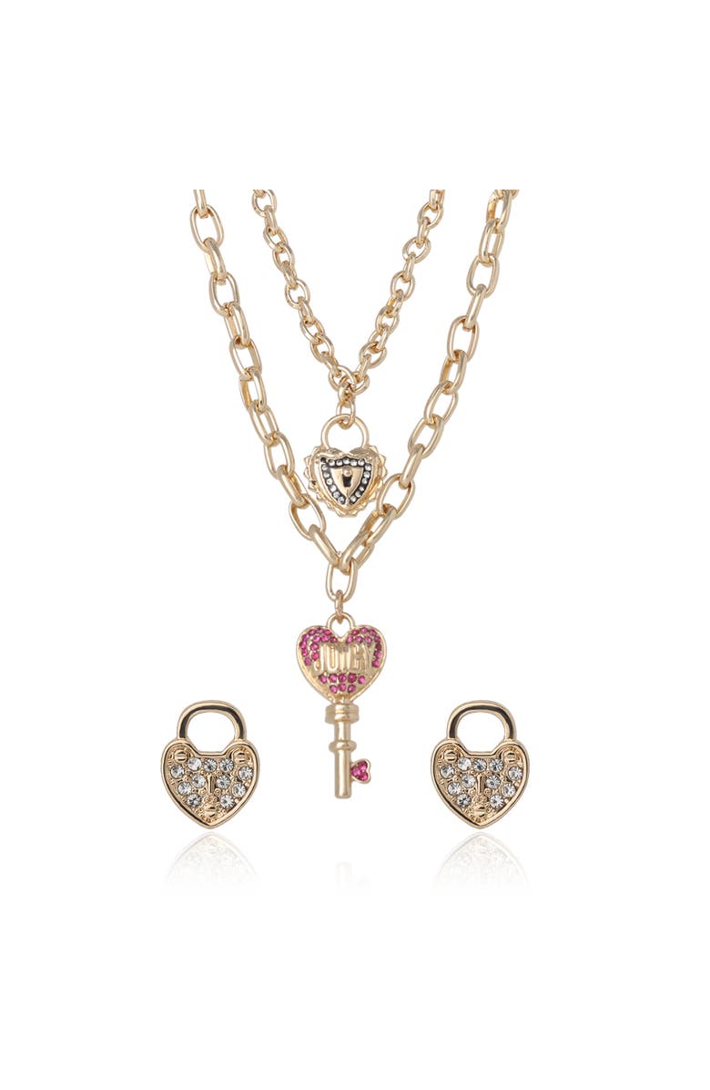 Juicy Couture Key Charm Layered Necklace and Lock Earring Set, Main, color, Gold Tone