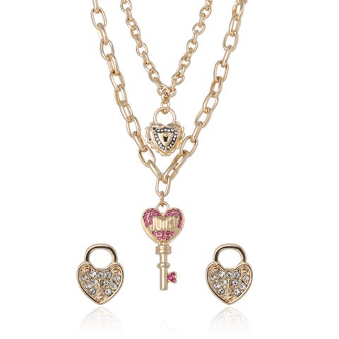Key Charm Layered Necklace and Lock Earring Set