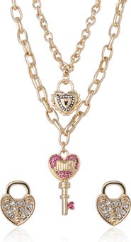 Juicy Couture Key Charm Layered Necklace and Lock Earring Set