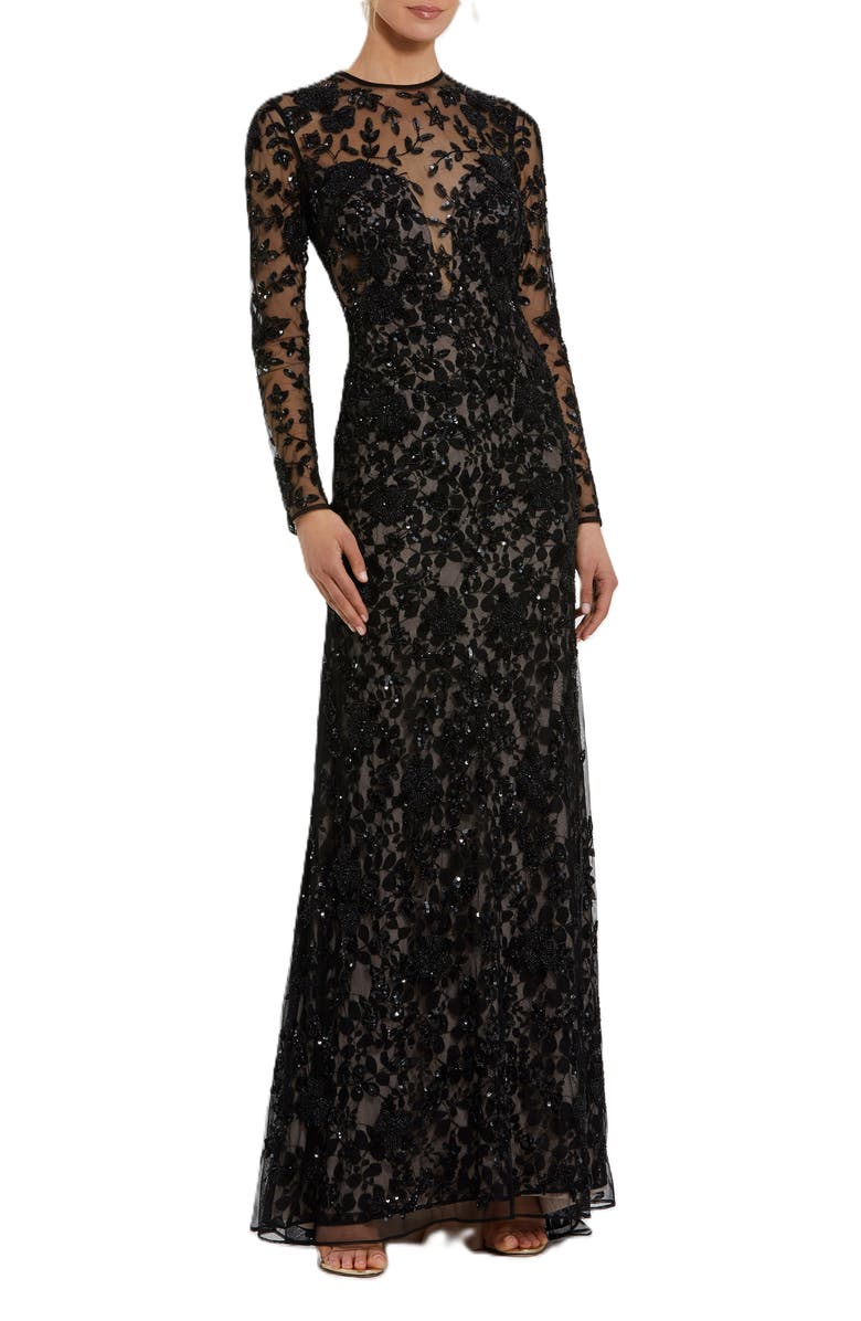 Mac Duggal Long Sleeve Floral Embellished Gown, Main, color, Black Nude