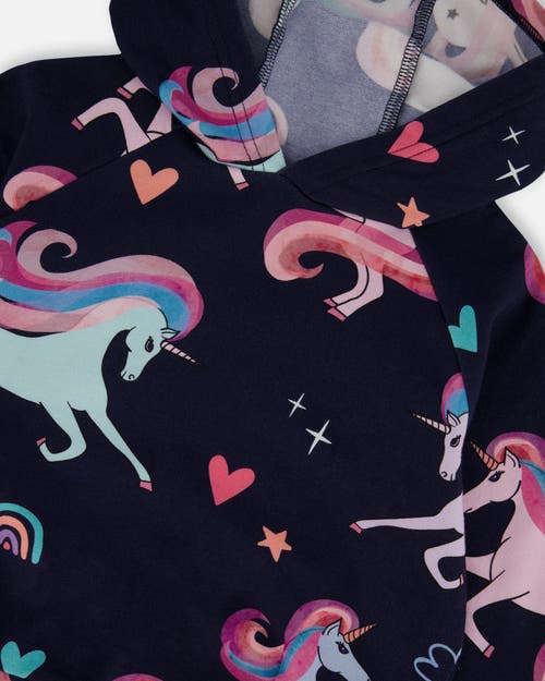 Deux Par Deux Pullover Fleece Hoodie Unicorn In Blue