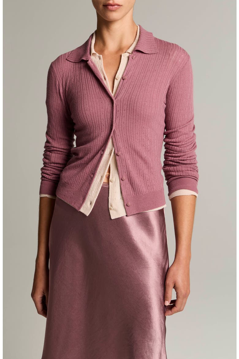 Pointelle Knit Wool Collared Cardigan, Main, color, DUSTY PEONY