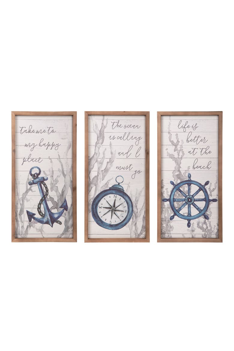 23.63 Inch White Spring Coastal Wall Decor Set of 3 Wood Sign Panels for Home Decoration, Main, color, White