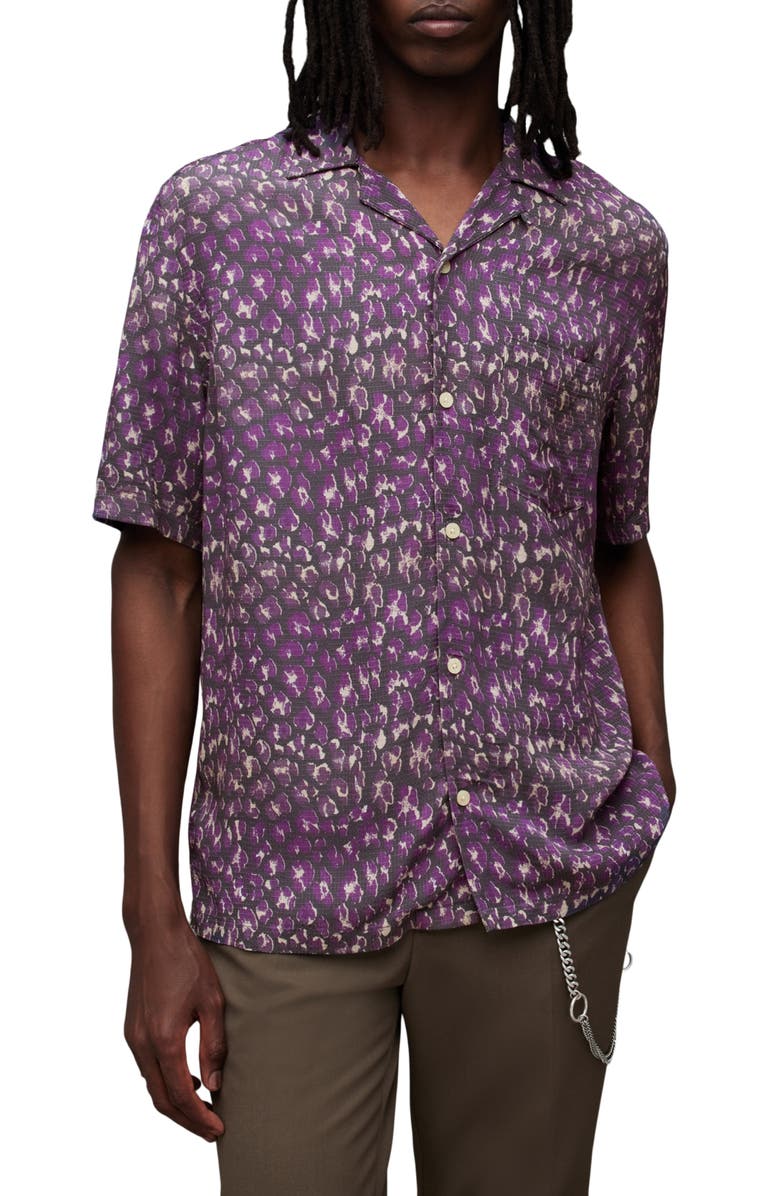 AllSaints Ikuma Relaxed Fit Floral Camp Shirt, Main, color, Jet Black