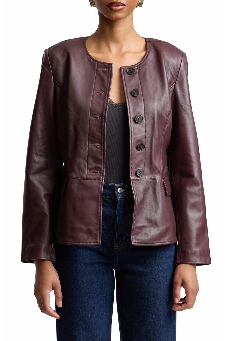 Peplum Leather Jacket, Alternate, color, RUBBED WINEBERRY