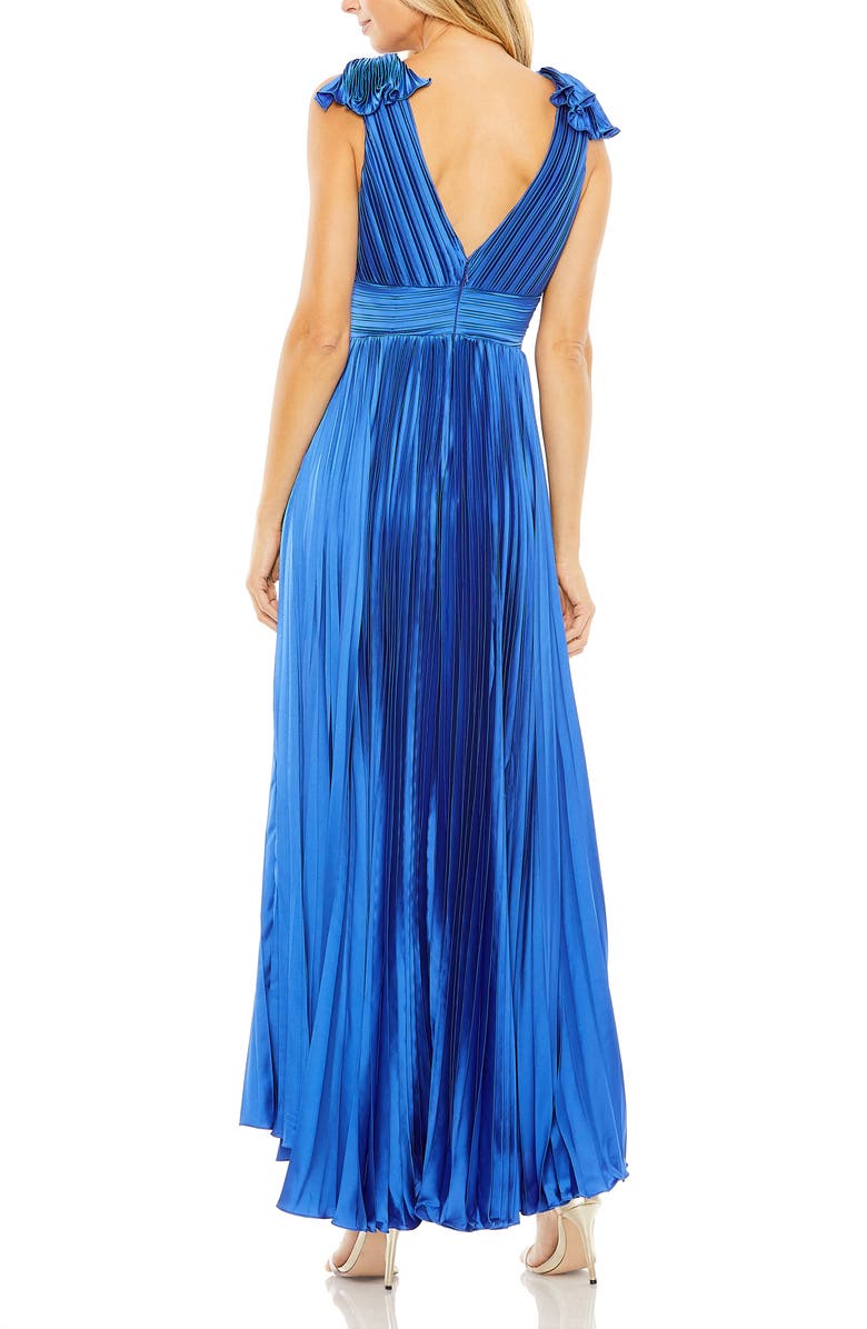 Mac Duggal Ruffle Top Sleeveless V Neck Pleated Gown, Alternate, color, Cobalt