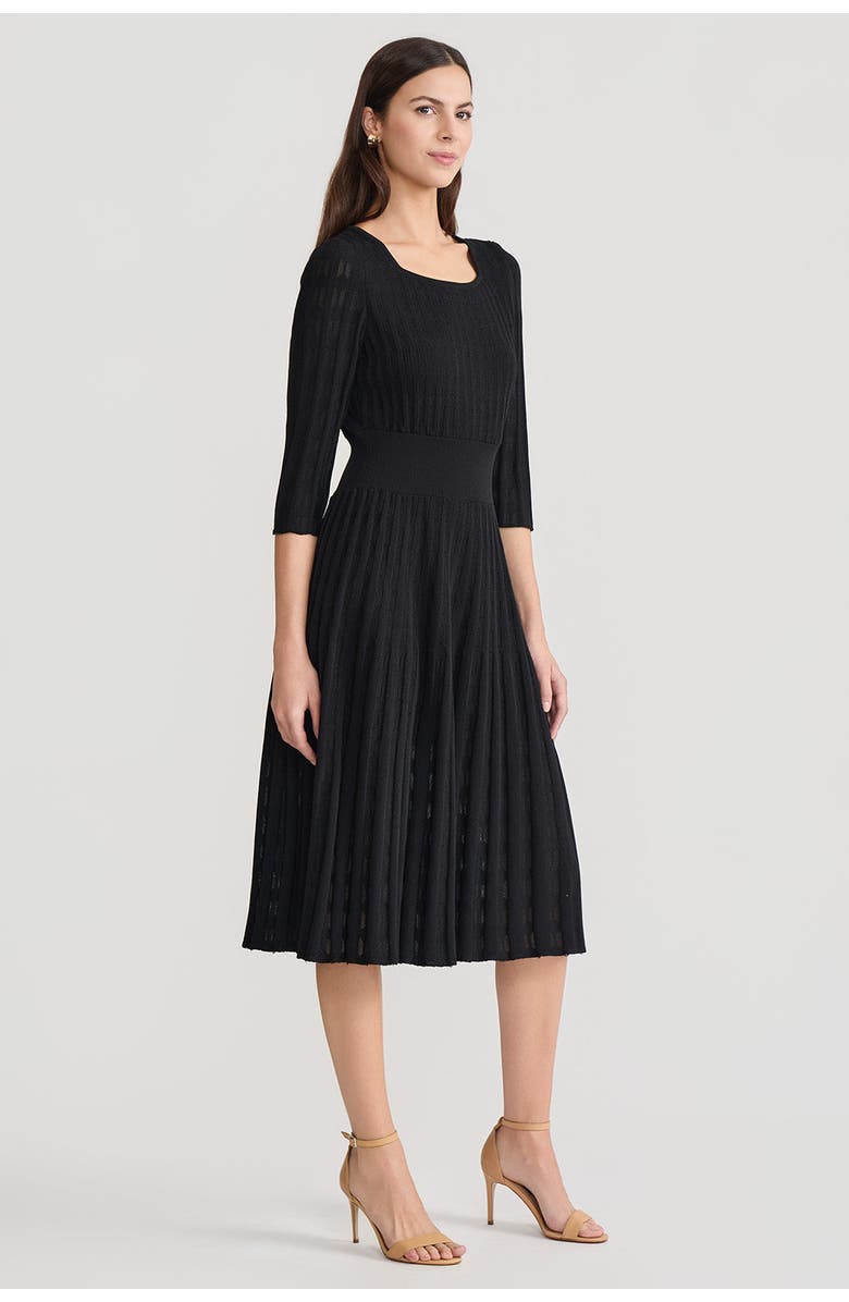 Ming Wang Linear Pointelle Tonal Knit Fit-N-Flare Midi Dress, Alternate, color, Black