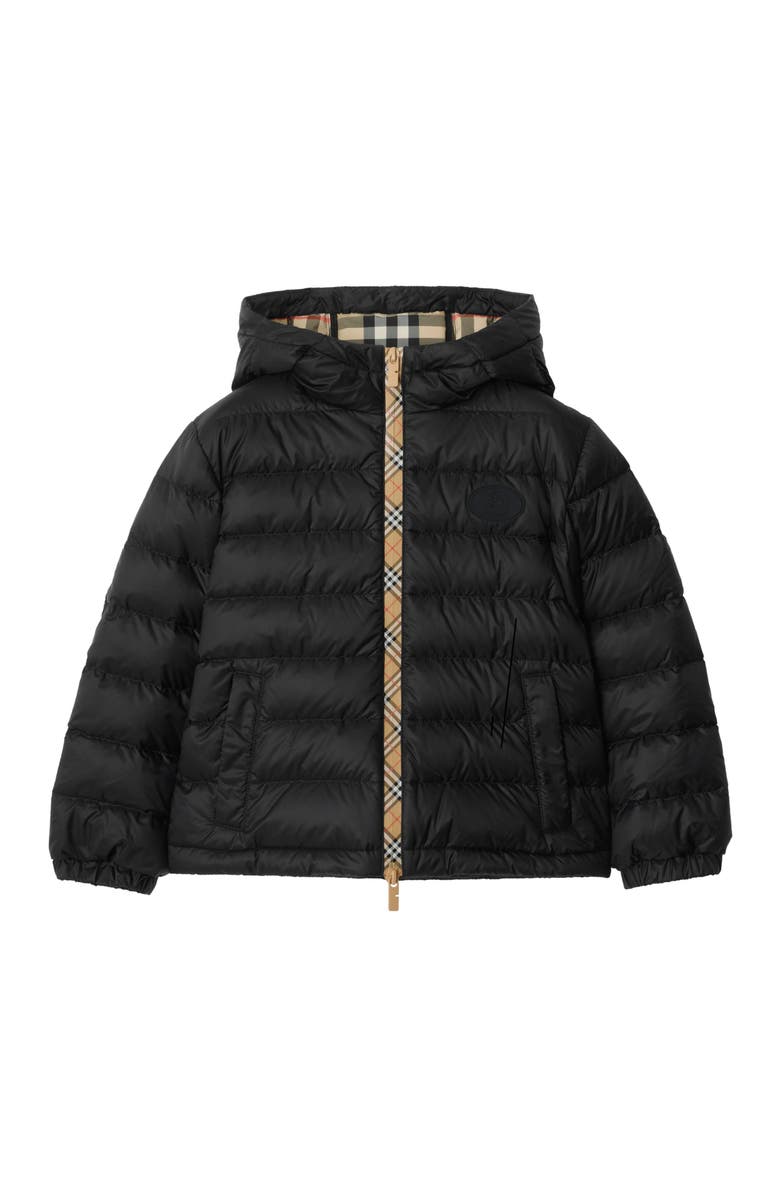 Burberry Checker-tape Nylon Hooded Puffer Jacket, Main, color, Black