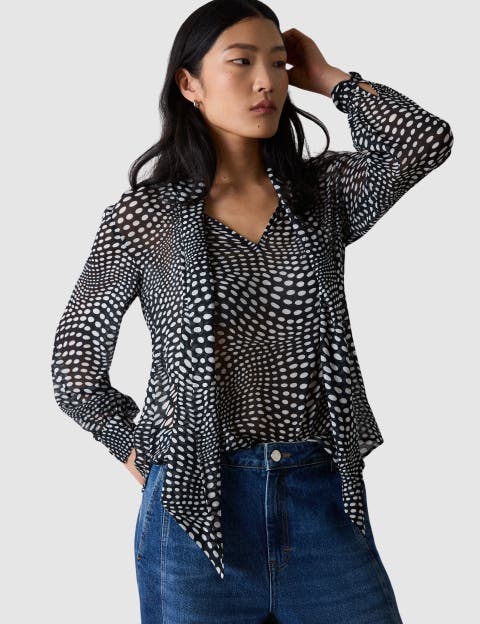 Mixed Dot Sheer Sleeve Blouse