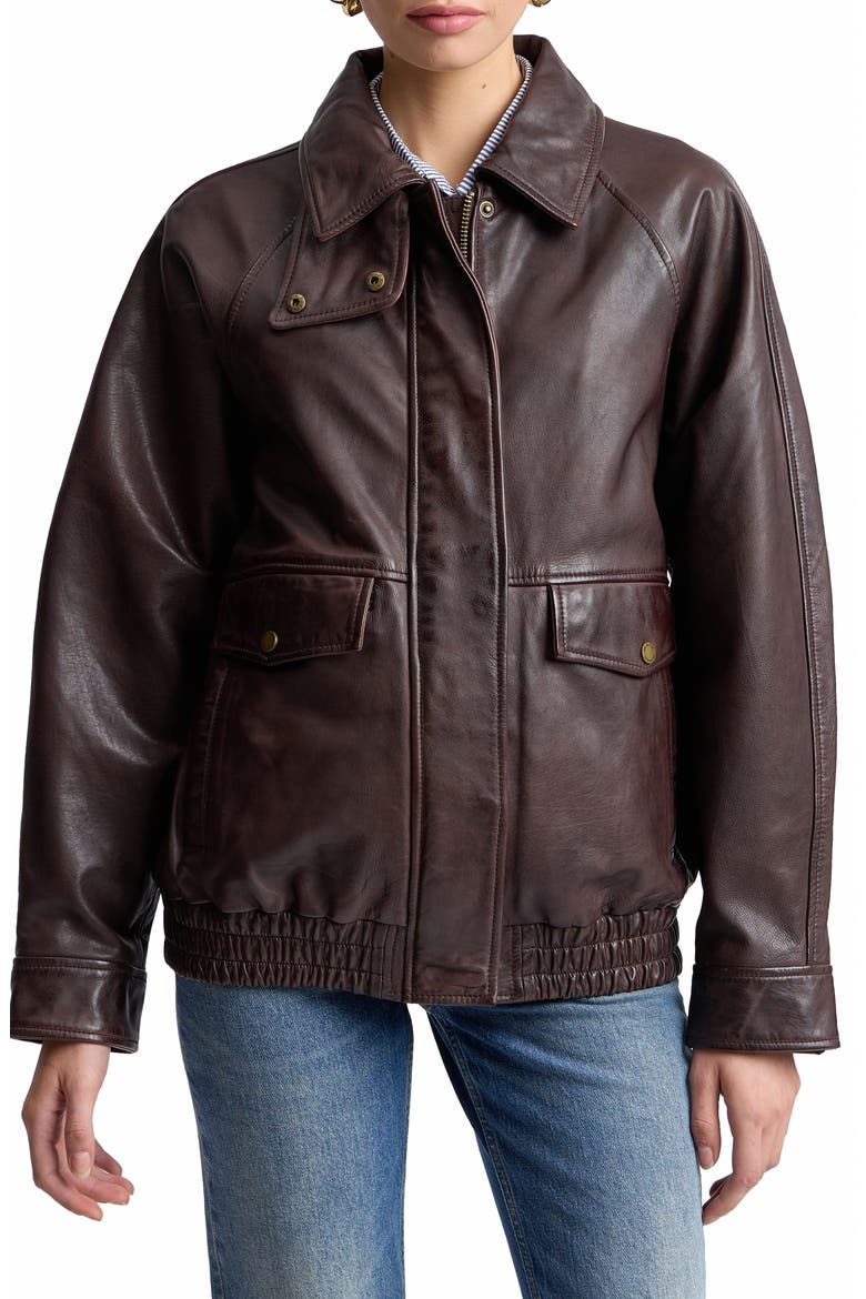 Oversize Leather Bomber Jacket, Alternate, color, PECAN