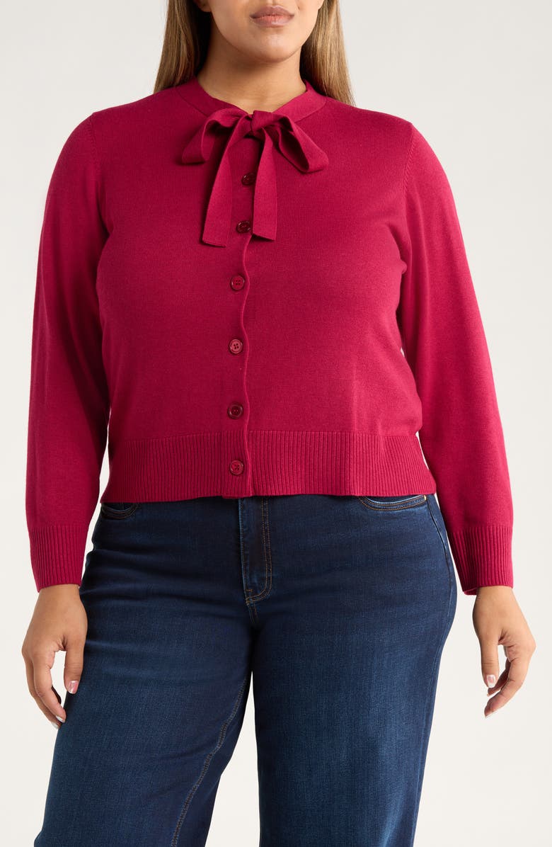 CeCe Tie Neck Cardigan, Main, color, Deep Merlot