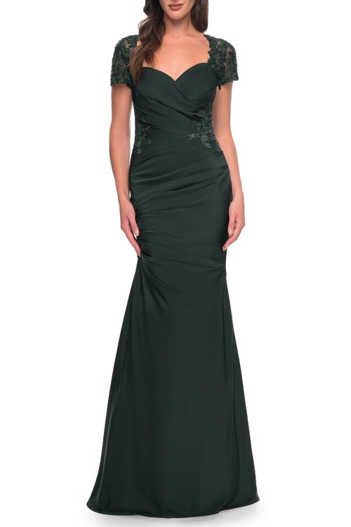 La Femme Satin Evening Dress With Lace And Scoop Neckline In Dark Emerald
