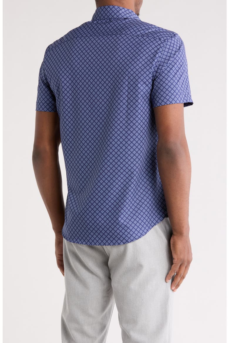 Slim Fit Geometric Four-Way Stretch Performance Short Sleeve Button-Down Shirt, Alternate, color, NAVY