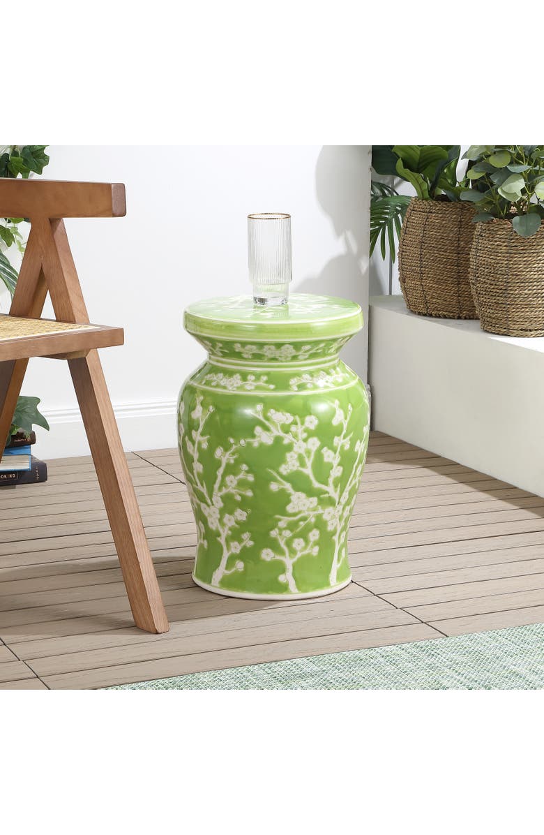 JONATHAN Y Cherry Blossom 17.75" Ceramic Garden Stool, Alternate, color, Green/White