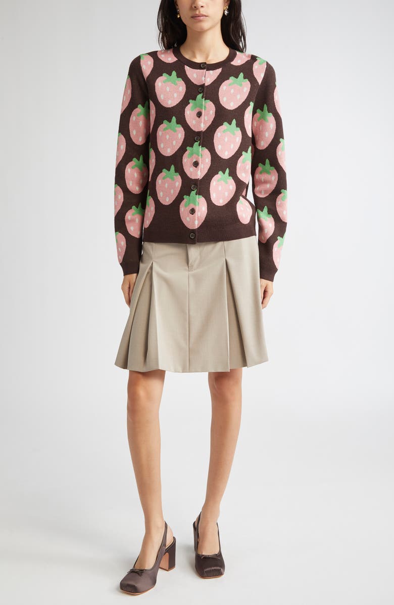 Sandy Liang Eddie Strawberry Jacquard Merino Wool Cardigan, Alternate, color, Brown Multi