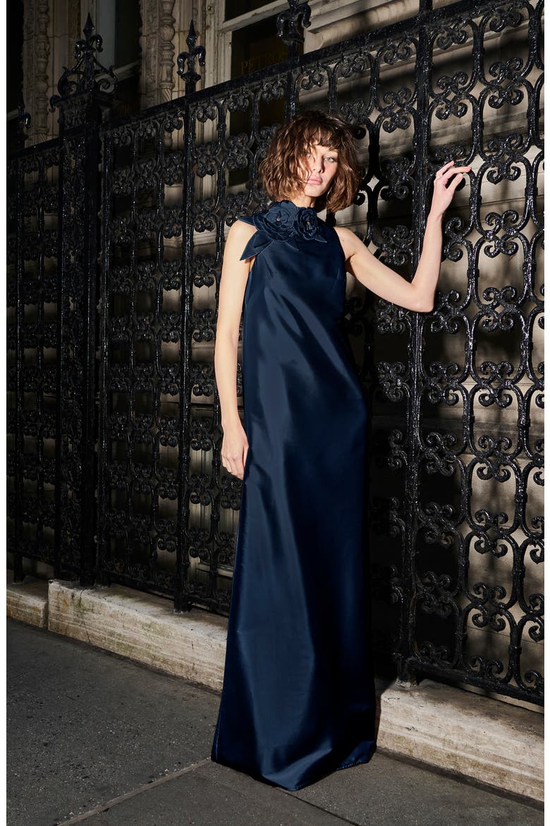 Floral Detail Sleeveless Taffeta Gown, Alternate, color, NAVY