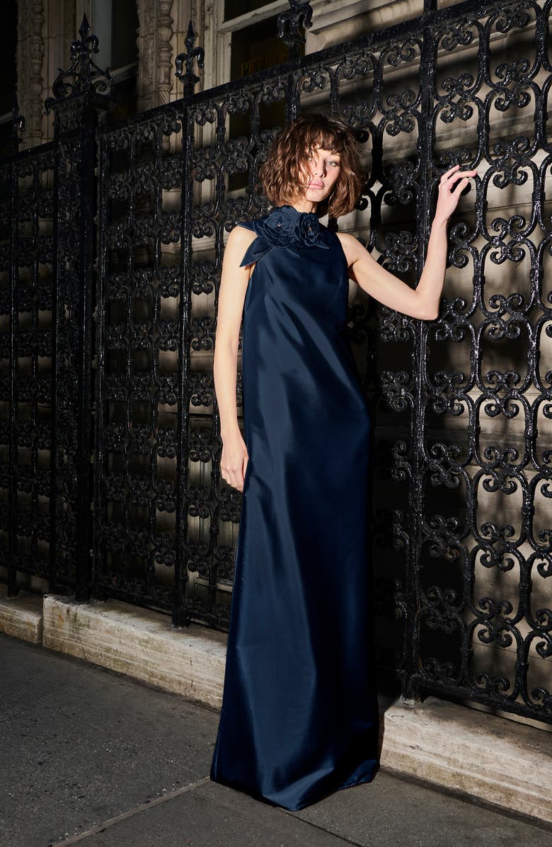 EMILY SHALANT Floral Detail Sleeveless Taffeta Gown, Alternate, color, Navy