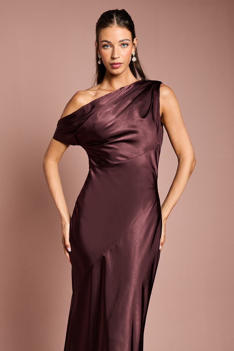 Satin One Shoulder Fishtail Maxi Dress, Alternate, color, Espresso