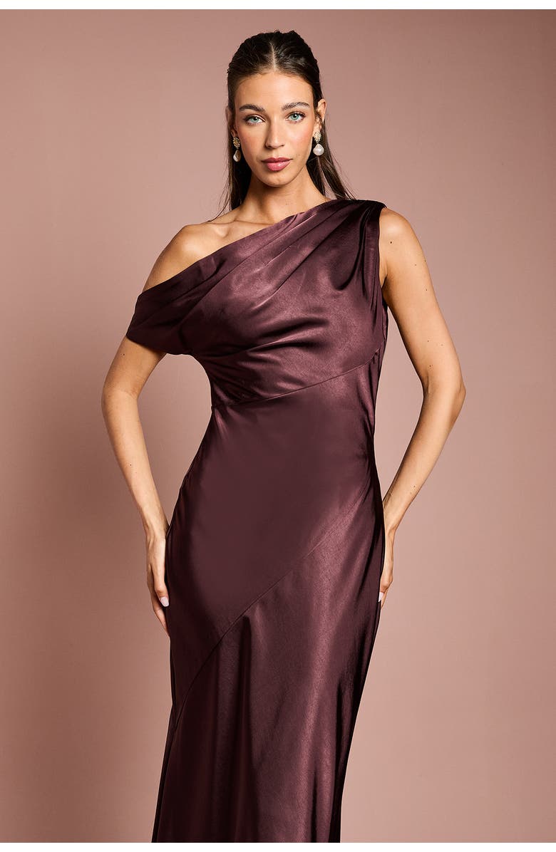 Coast Satin One Shoulder Fishtail Maxi Dress, Alternate, color, Espresso