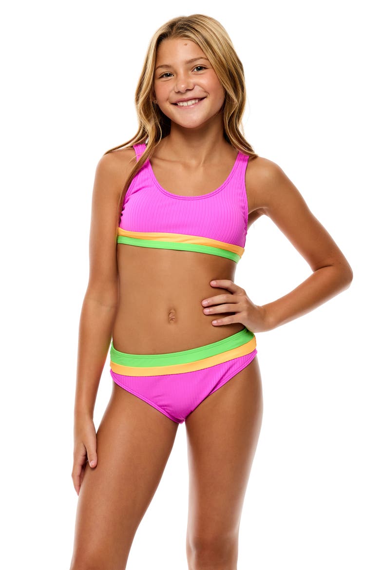 Kids' Rib Colorblock Two-Piece Swimsuit, Alternate, color, CYBER PINK