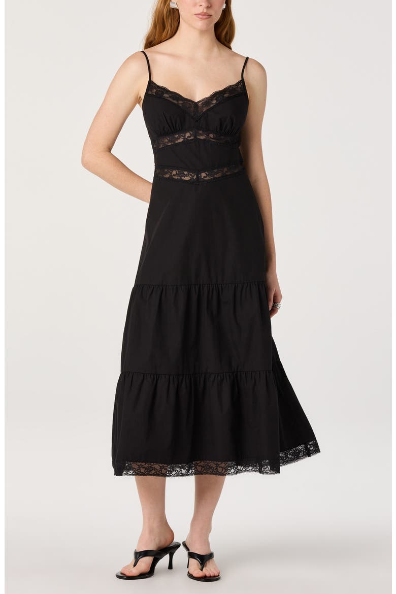 Berenice Lace Detail Tiered Cotton Dress, Alternate, color, BLACK