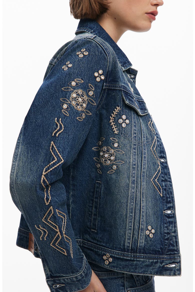 Metallic Embroidery Denim Trucker Jacket, Alternate, color, MEDIUM BLUE